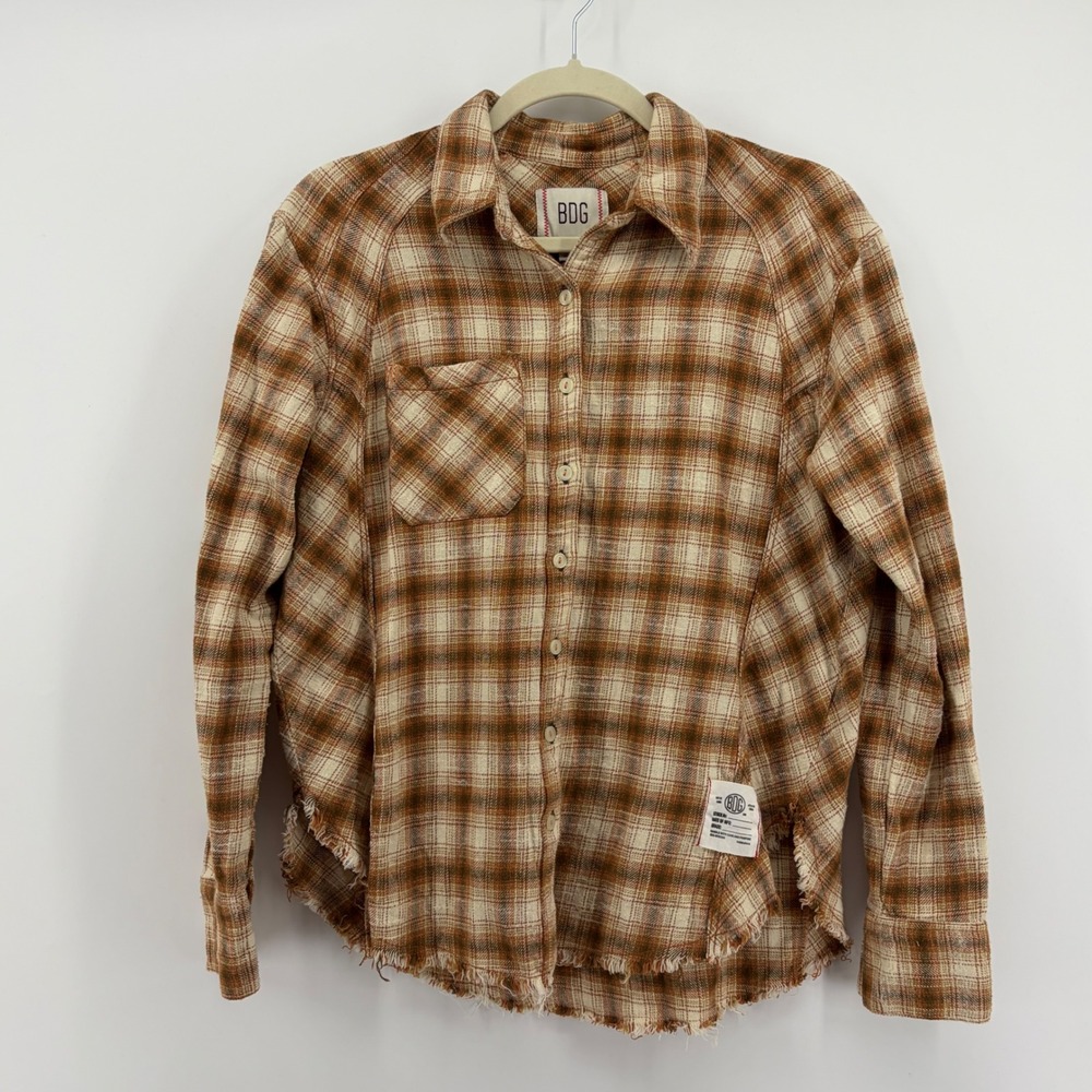 BDG Plaid Distressed Flannel Shirt Orange Cream Brown Long Sleeve Casual Top XS‎